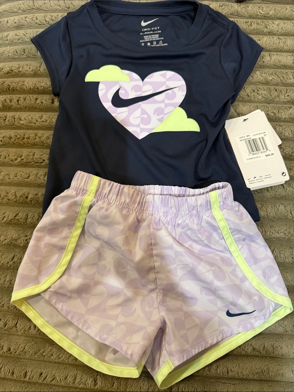 Nike Girls 2T Navy Top with Lavender Shorts and Neon Yellow Trim